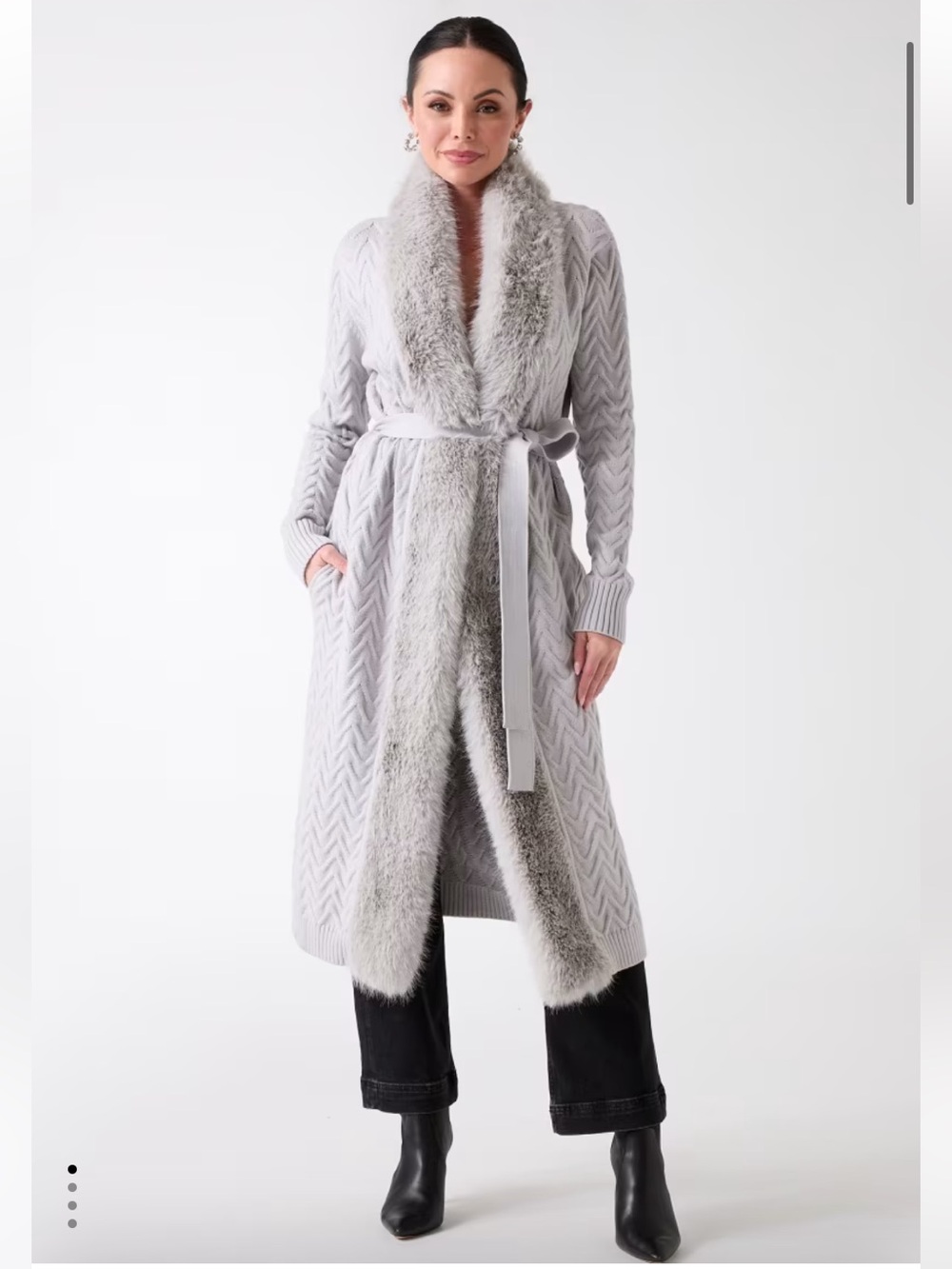 Marciano Cable-Knit Cardigan Coat with Faux-Fur Trim - Light Grey - Size S